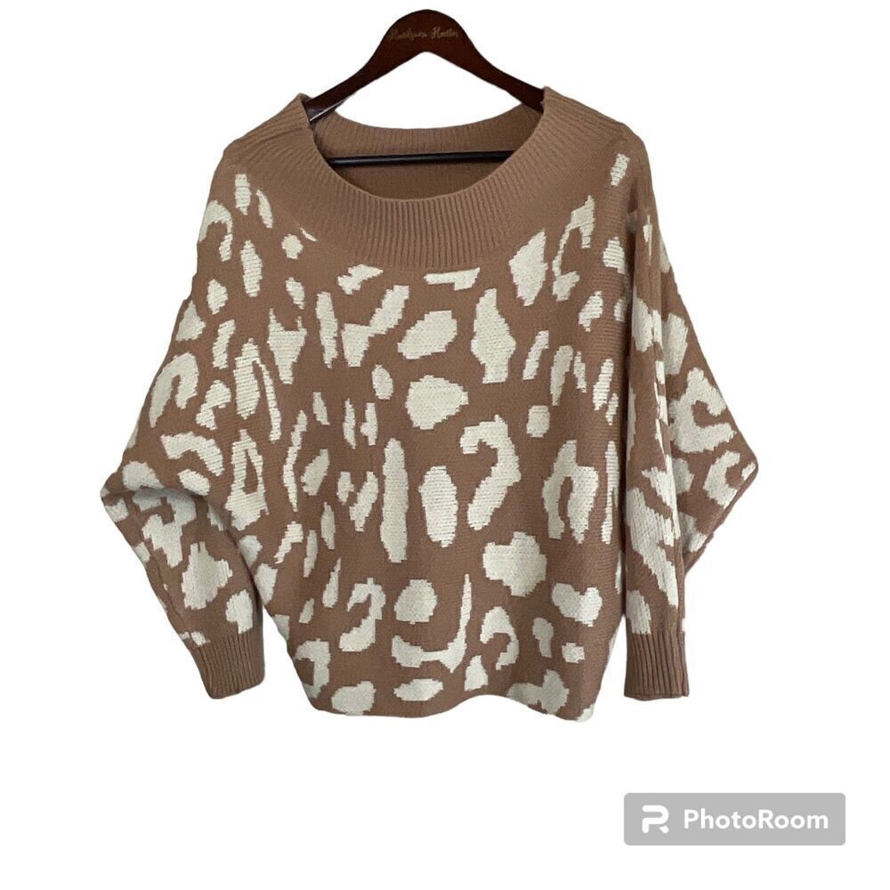 Aakaa Chunky Knit Cream Beige Animal Print Sz S Boat Neck Dolman Sleeve Sweater